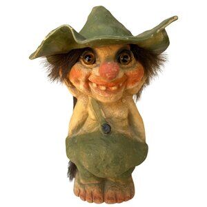 Vintage Norwegian Troll Figurine With Green Hat & Overalls Folk Art Collectible